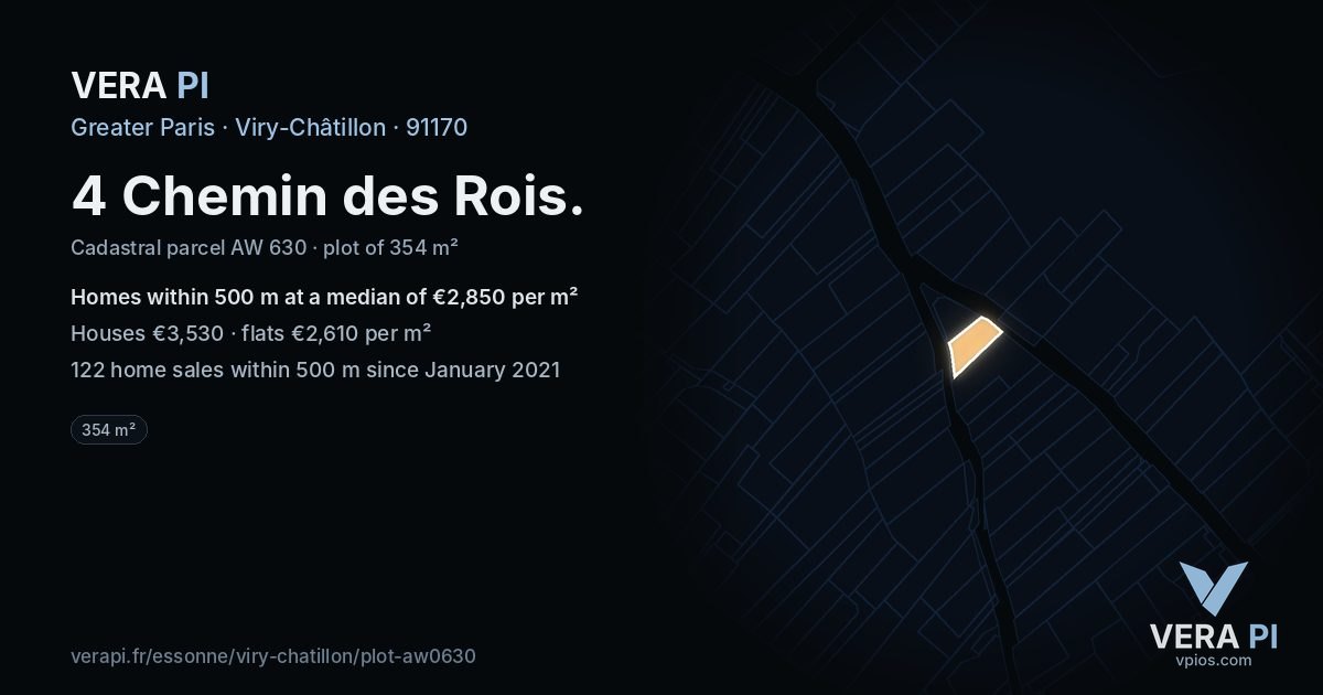 4 Chemin des Rois, Viry-Châtillon at night – the plot lit, the parcels around coloured by the prices near them