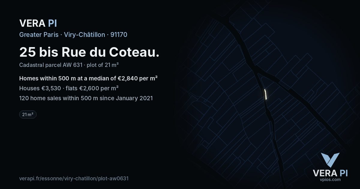 25 bis Rue du Coteau, Viry-Châtillon at night – the plot lit, the parcels around coloured by the prices near them