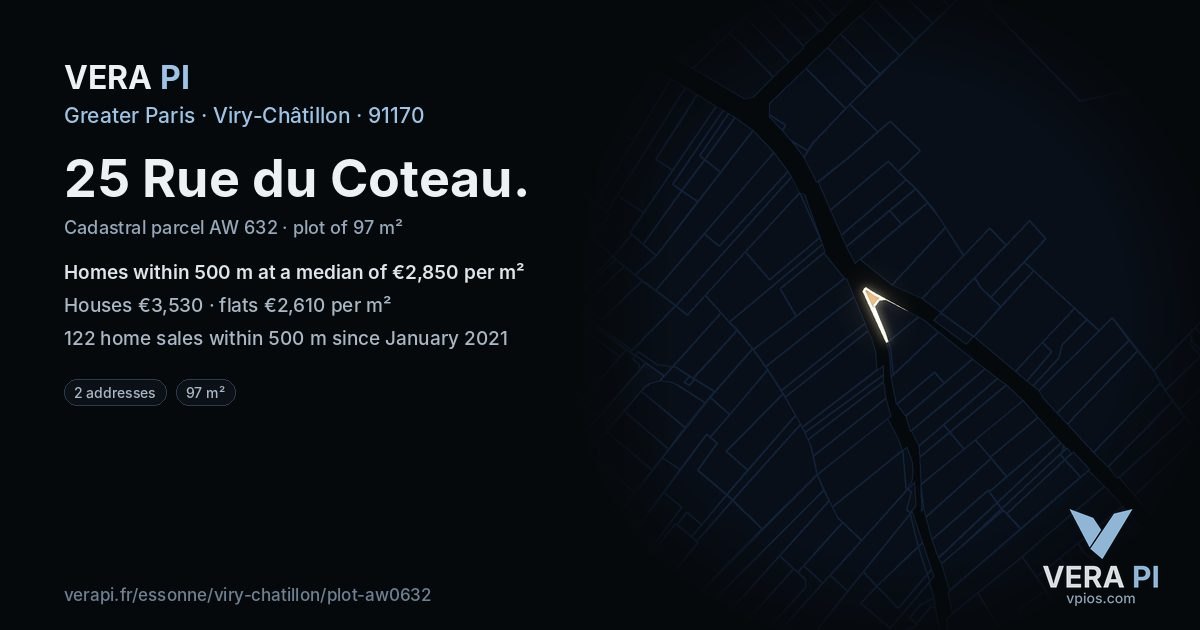 25 Rue du Coteau, Viry-Châtillon at night – the plot lit, the parcels around coloured by the prices near them