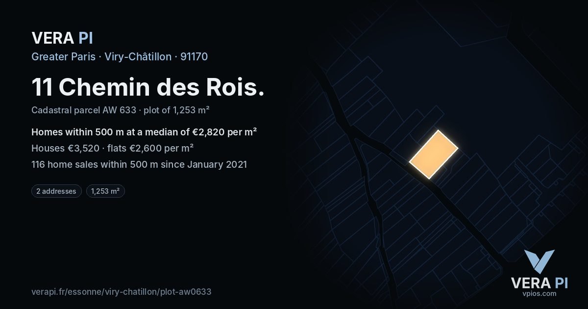 11 Chemin des Rois, Viry-Châtillon at night – the plot lit, the parcels around coloured by the prices near them