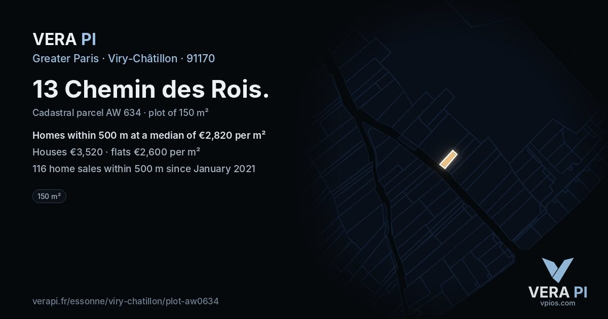 13 Chemin des Rois, Viry-Châtillon at night – the plot lit, the parcels around coloured by the prices near them