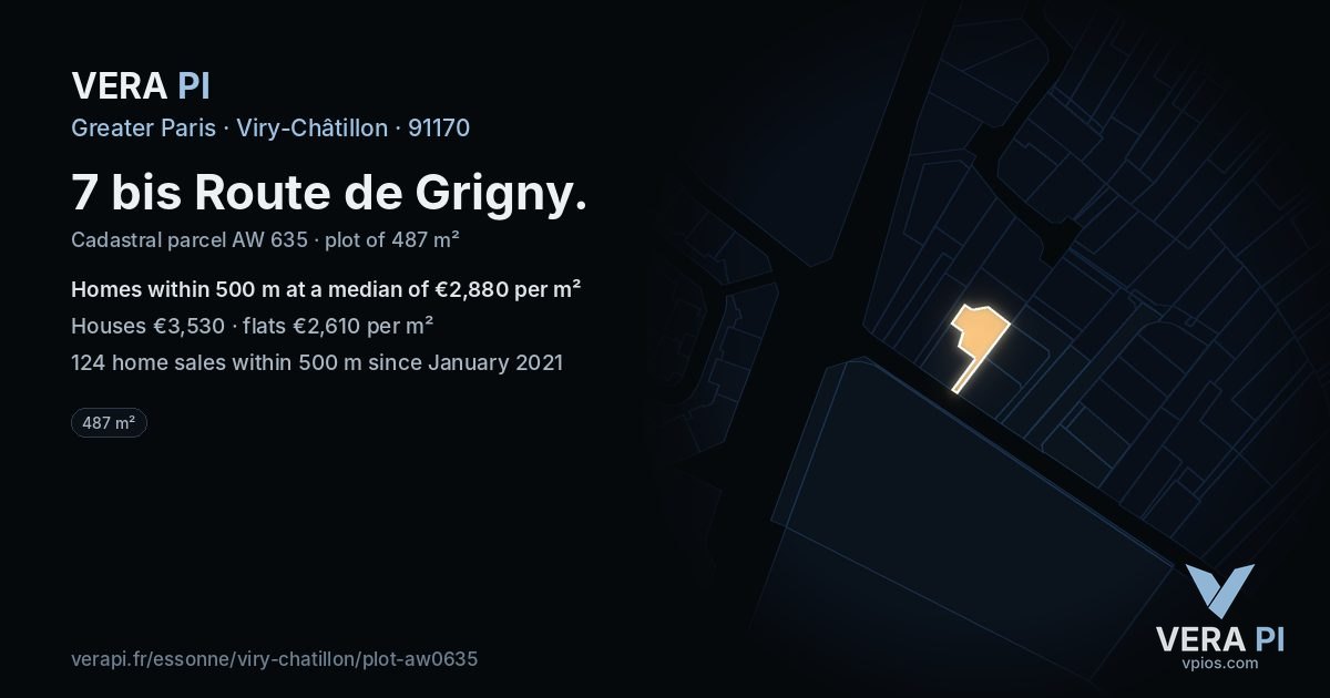 7 bis Route de Grigny, Viry-Châtillon at night – the plot lit, the parcels around coloured by the prices near them