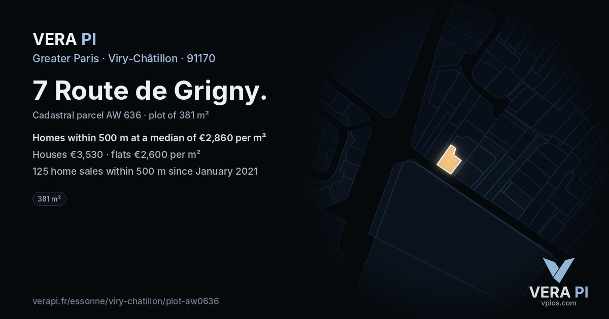 7 Route de Grigny, Viry-Châtillon at night – the plot lit, the parcels around coloured by the prices near them