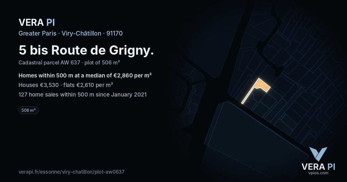 5 bis Route de Grigny, Viry-Châtillon at night – the plot lit, the parcels around coloured by the prices near them
