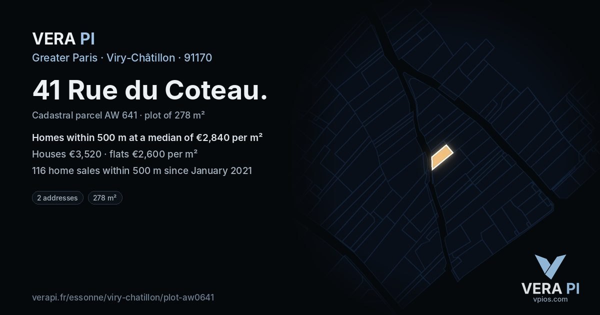 41 Rue du Coteau, Viry-Châtillon at night – the plot lit, the parcels around coloured by the prices near them