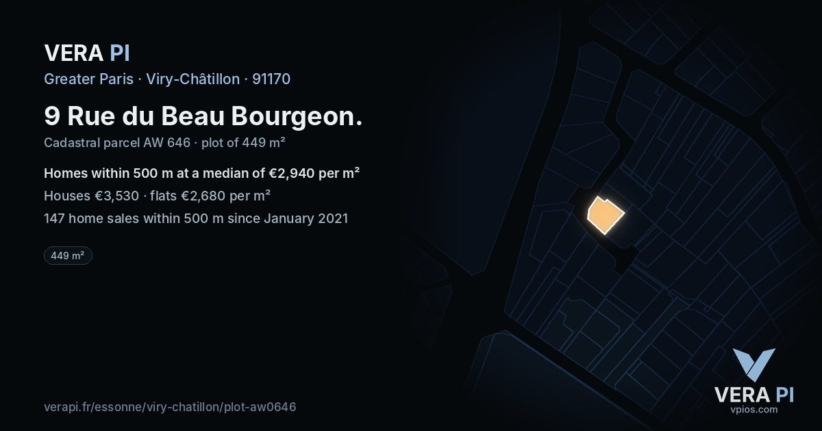 9 Rue du Beau Bourgeon, Viry-Châtillon at night – the plot lit, the parcels around coloured by the prices near them
