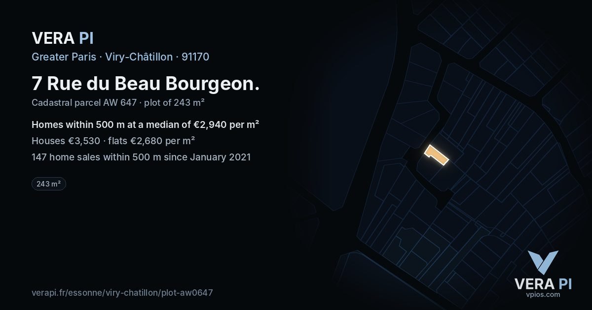 7 Rue du Beau Bourgeon, Viry-Châtillon at night – the plot lit, the parcels around coloured by the prices near them