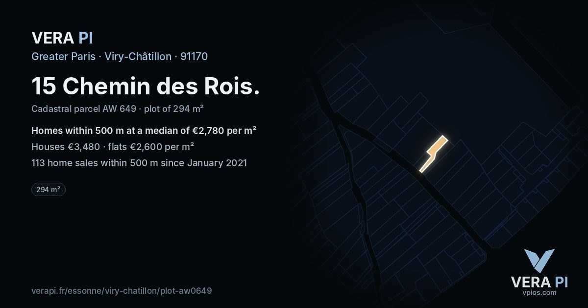 15 Chemin des Rois, Viry-Châtillon at night – the plot lit, the parcels around coloured by the prices near them