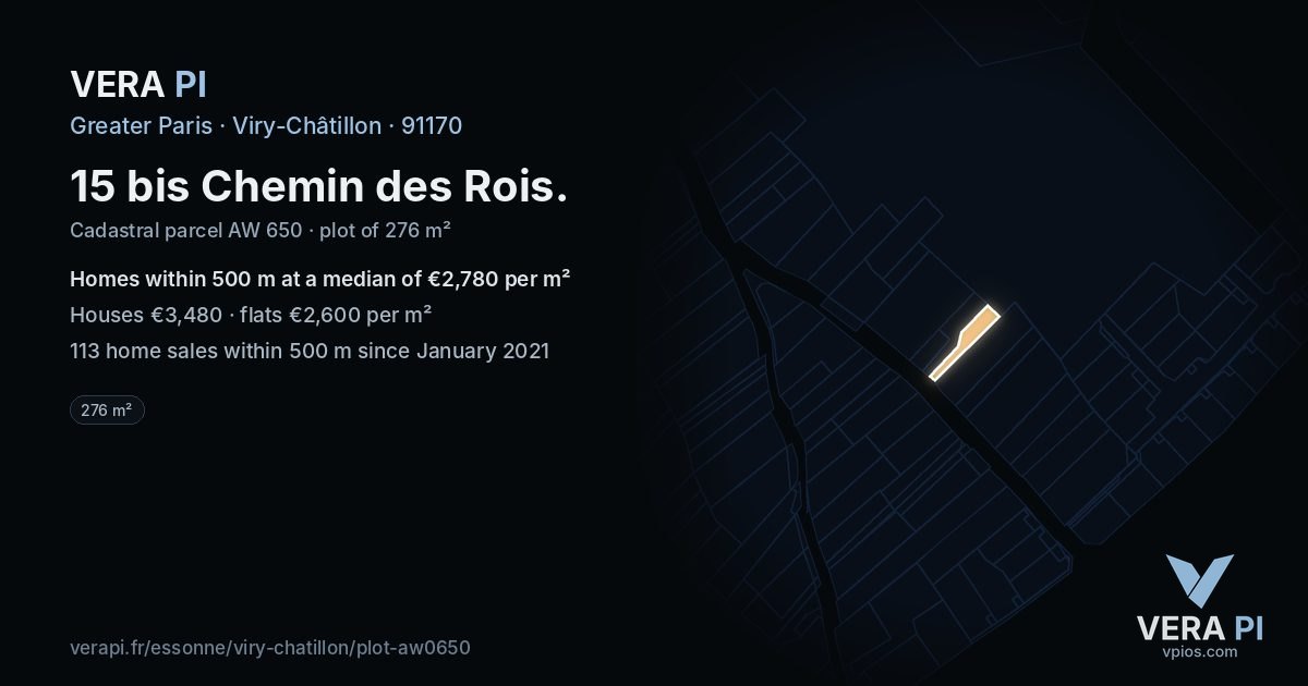 15 bis Chemin des Rois, Viry-Châtillon at night – the plot lit, the parcels around coloured by the prices near them