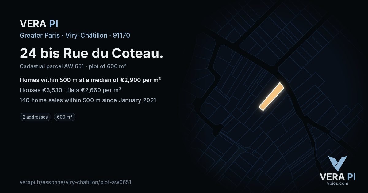 24 bis Rue du Coteau, Viry-Châtillon at night – the plot lit, the parcels around coloured by the prices near them