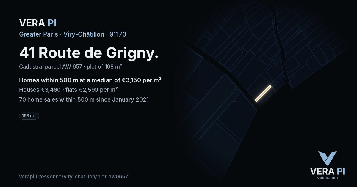 41 Route de Grigny, Viry-Châtillon at night – the plot lit, the parcels around coloured by the prices near them