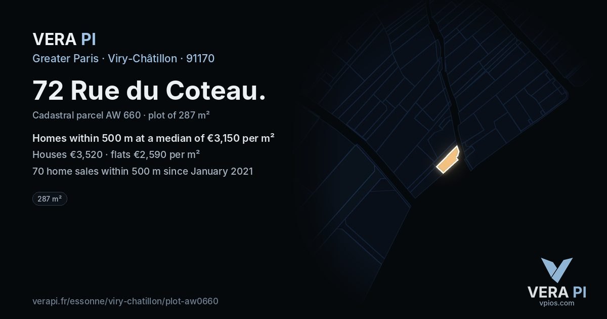 72 Rue du Coteau, Viry-Châtillon at night – the plot lit, the parcels around coloured by the prices near them