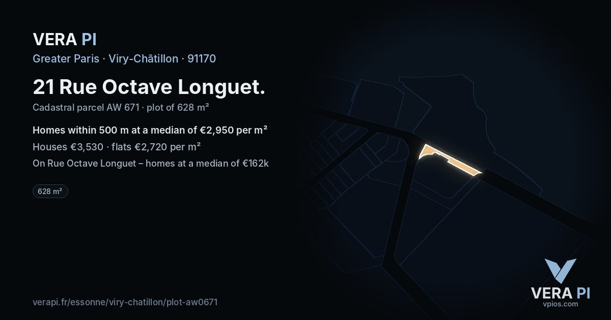 21 Rue Octave Longuet, Viry-Châtillon at night – the plot lit, the parcels around coloured by the prices near them