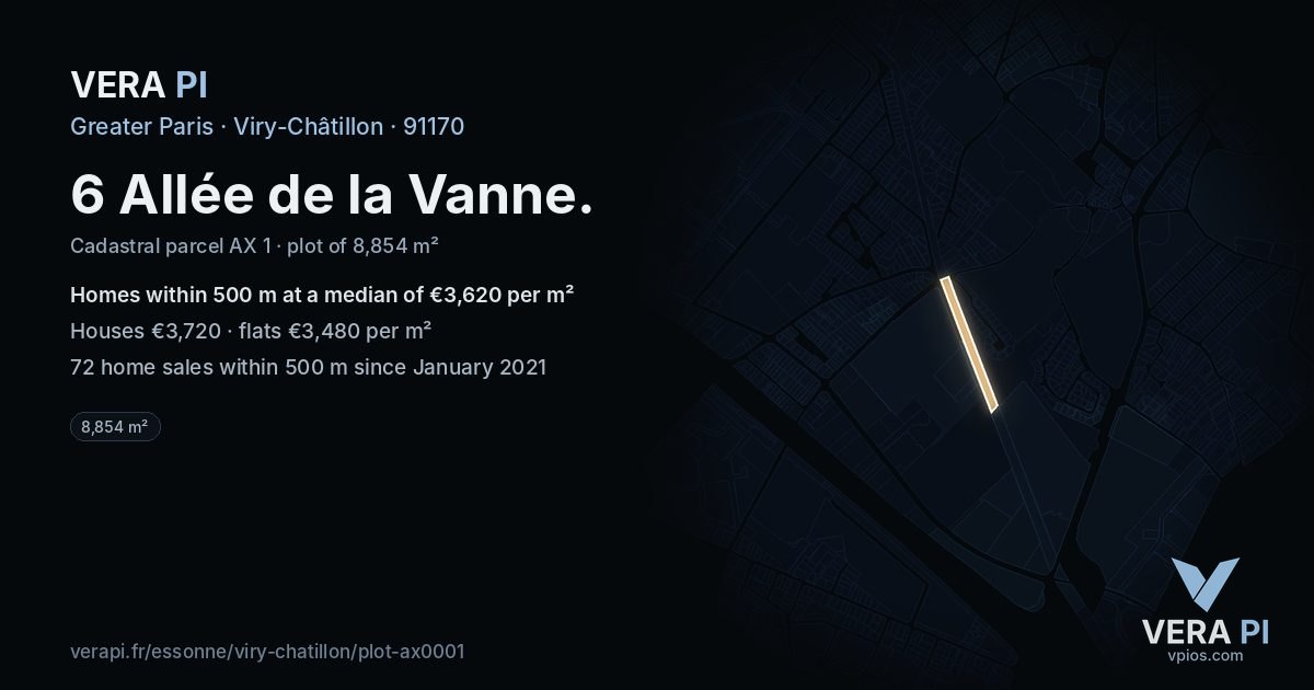 6 Allée de la Vanne, Viry-Châtillon at night – the plot lit, the parcels around coloured by the prices near them