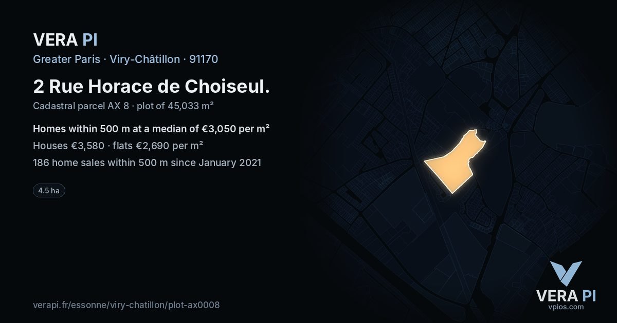 2 Rue Horace de Choiseul, Viry-Châtillon at night – the plot lit, the parcels around coloured by the prices near them