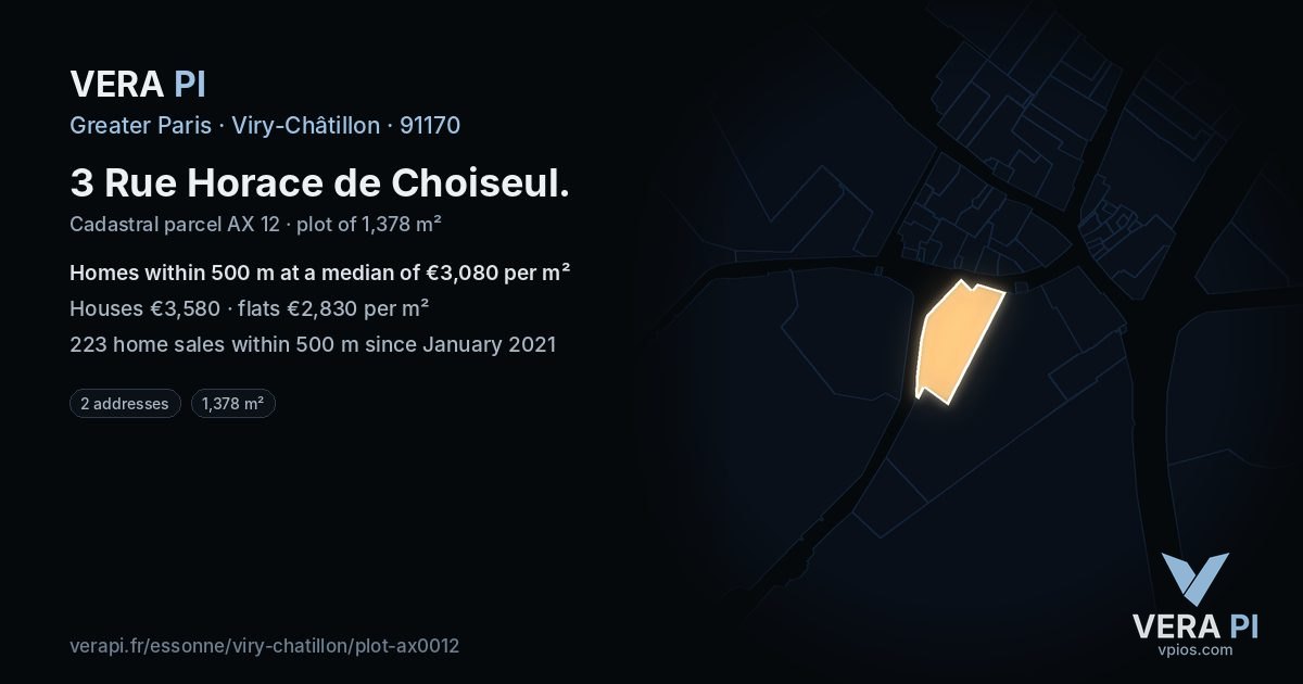 3 Rue Horace de Choiseul, Viry-Châtillon at night – the plot lit, the parcels around coloured by the prices near them