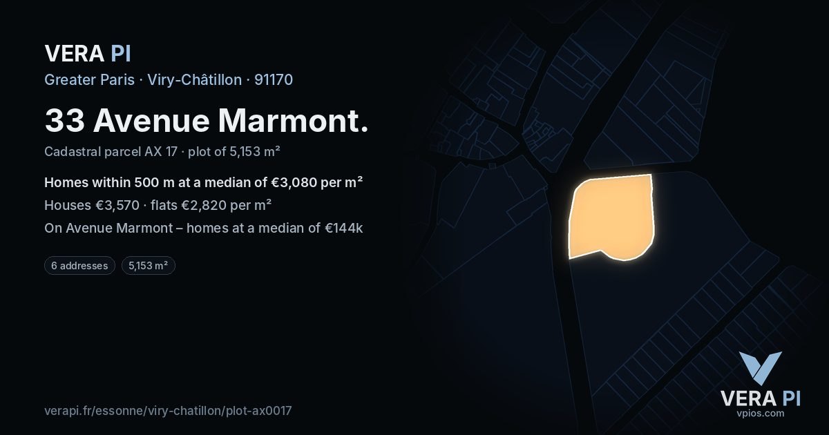 33 Avenue Marmont, Viry-Châtillon at night – the plot lit, the parcels around coloured by the prices near them