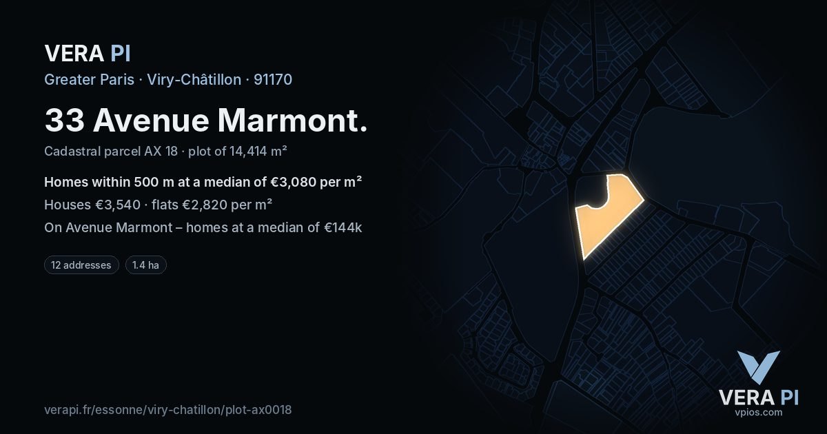 33 Avenue Marmont, Viry-Châtillon at night – the plot lit, the parcels around coloured by the prices near them