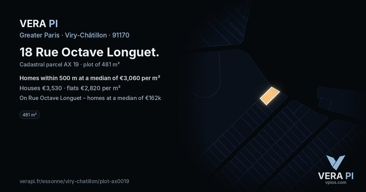18 Rue Octave Longuet, Viry-Châtillon at night – the plot lit, the parcels around coloured by the prices near them