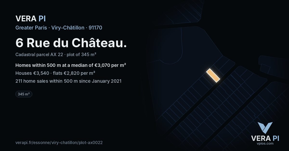 6 Rue du Château, Viry-Châtillon at night – the plot lit, the parcels around coloured by the prices near them