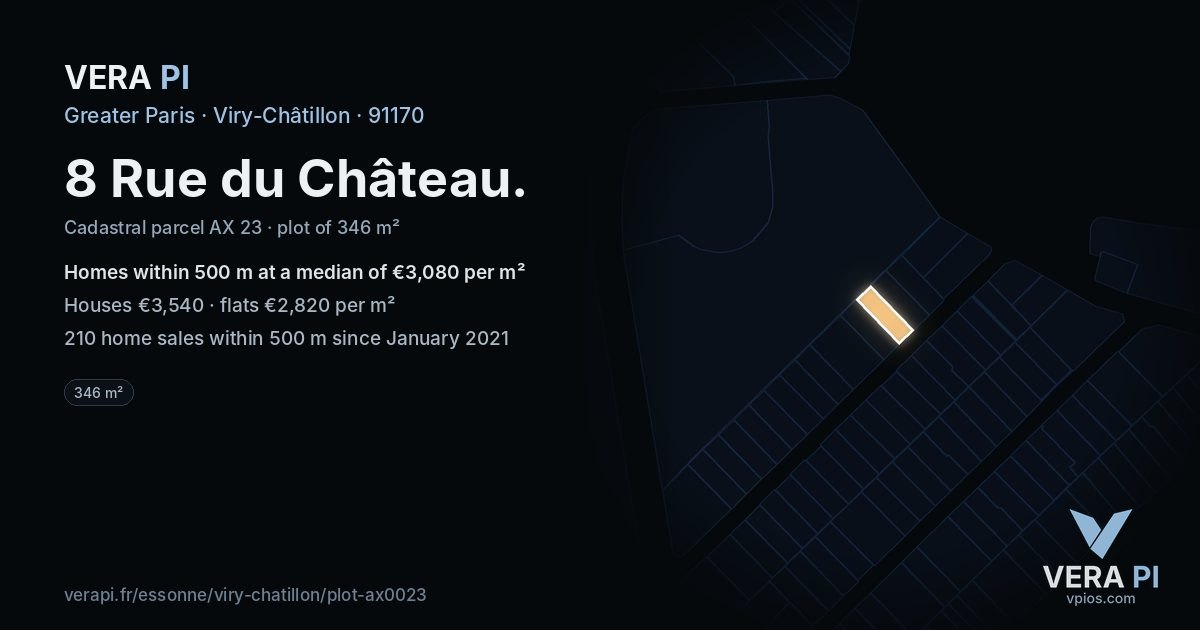 8 Rue du Château, Viry-Châtillon at night – the plot lit, the parcels around coloured by the prices near them