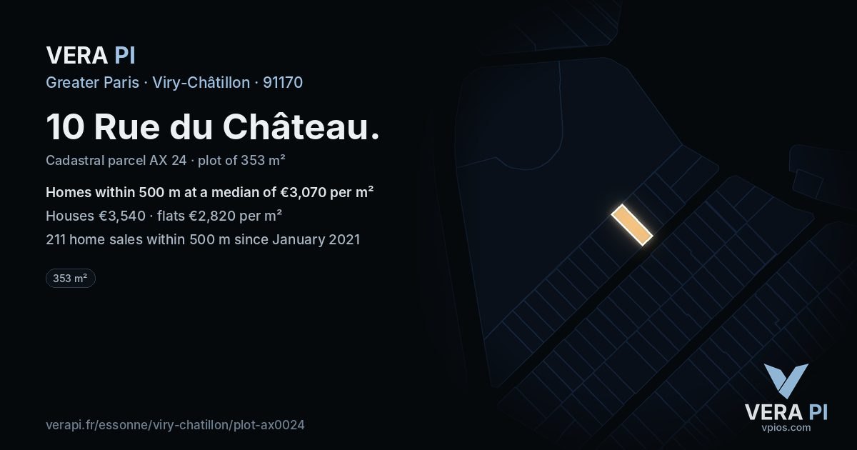 10 Rue du Château, Viry-Châtillon at night – the plot lit, the parcels around coloured by the prices near them
