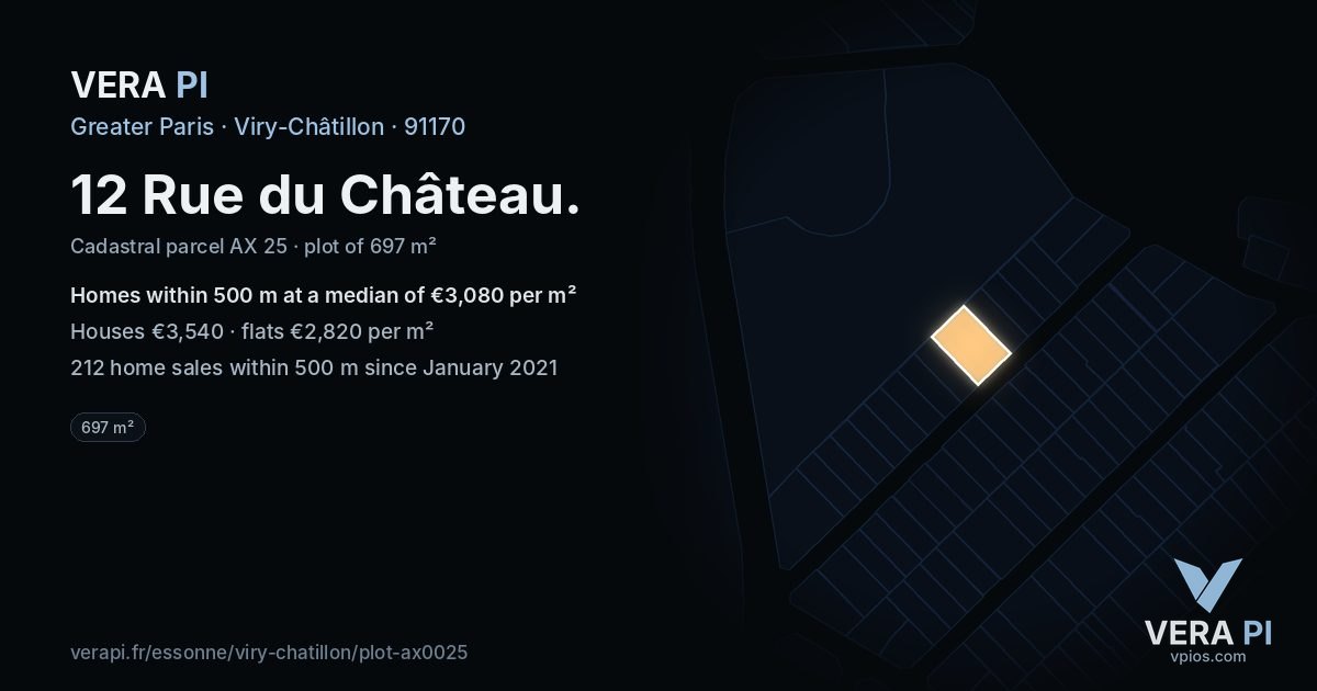 12 Rue du Château, Viry-Châtillon at night – the plot lit, the parcels around coloured by the prices near them