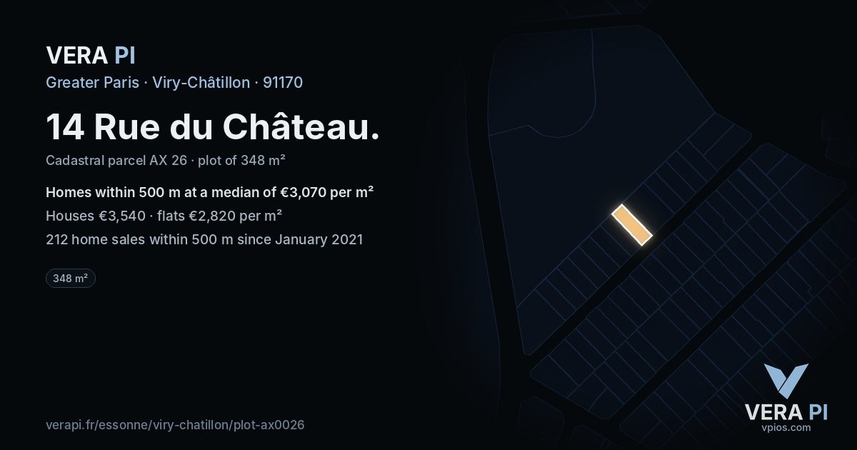 14 Rue du Château, Viry-Châtillon at night – the plot lit, the parcels around coloured by the prices near them