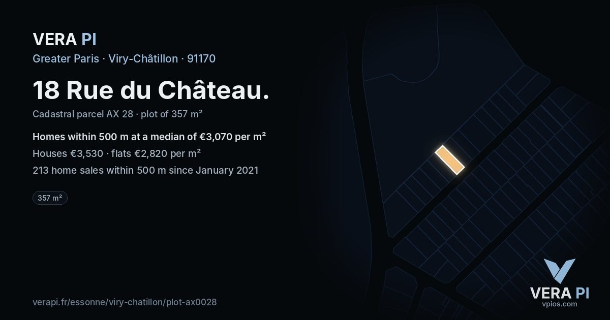 18 Rue du Château, Viry-Châtillon at night – the plot lit, the parcels around coloured by the prices near them