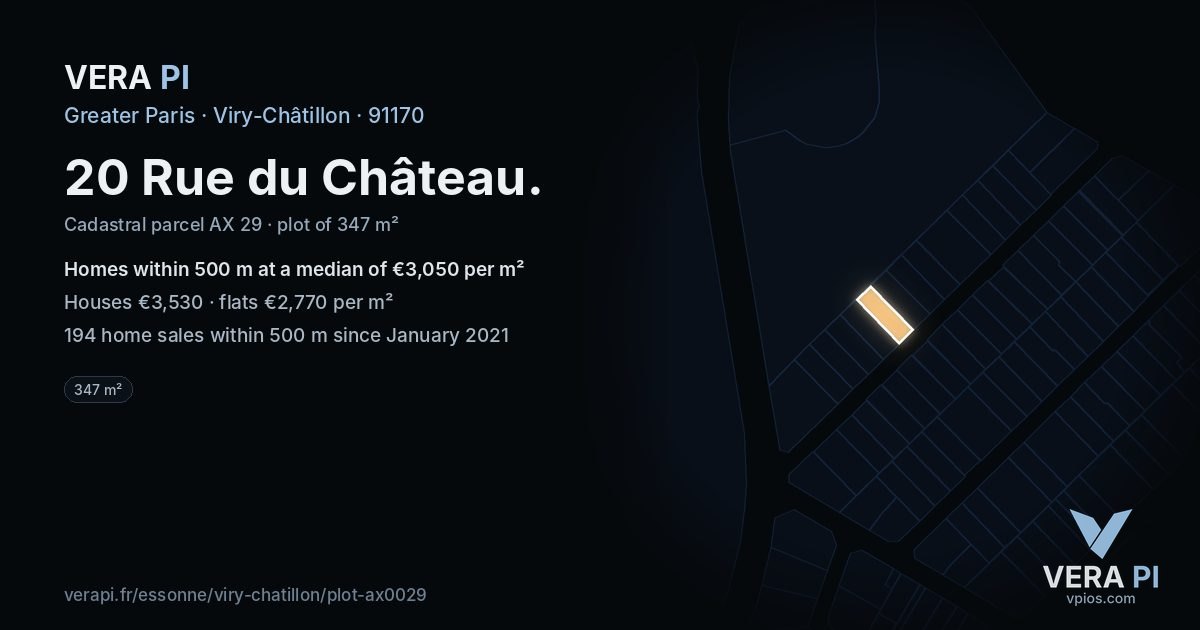 20 Rue du Château, Viry-Châtillon at night – the plot lit, the parcels around coloured by the prices near them