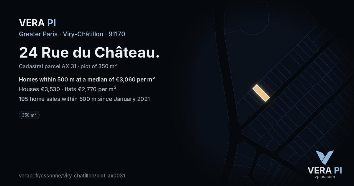 24 Rue du Château, Viry-Châtillon at night – the plot lit, the parcels around coloured by the prices near them