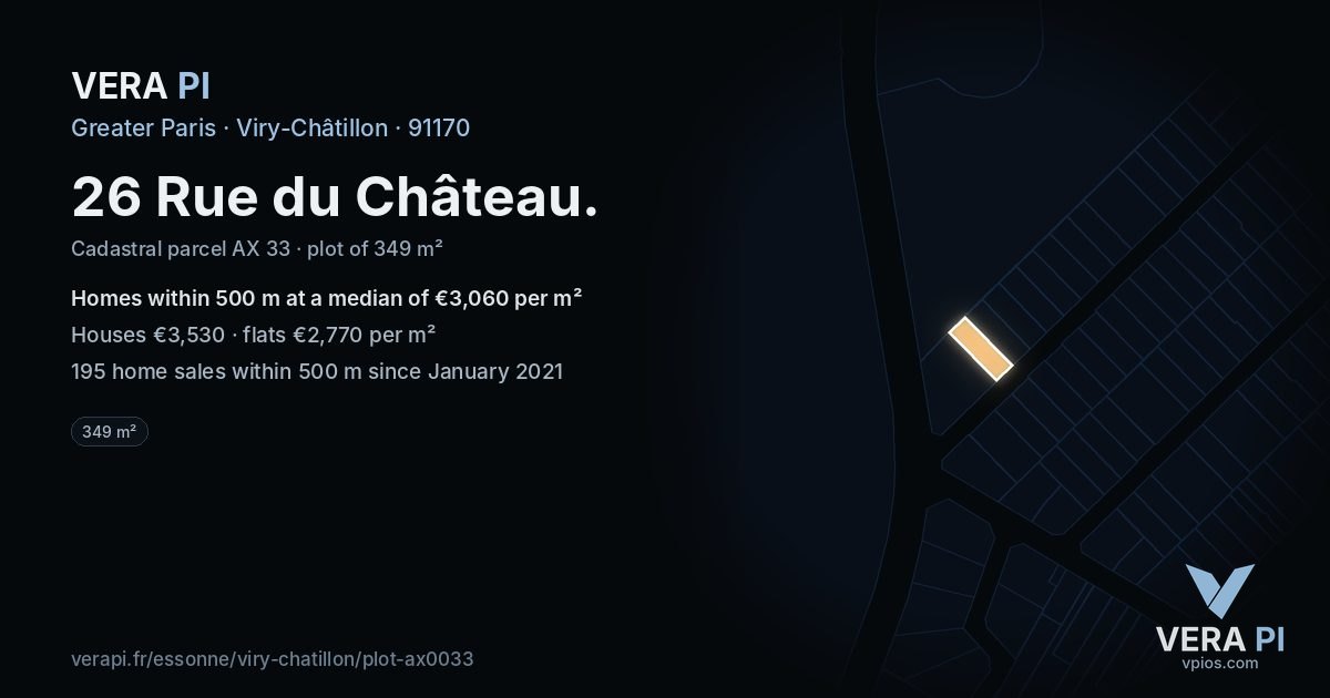 26 Rue du Château, Viry-Châtillon at night – the plot lit, the parcels around coloured by the prices near them