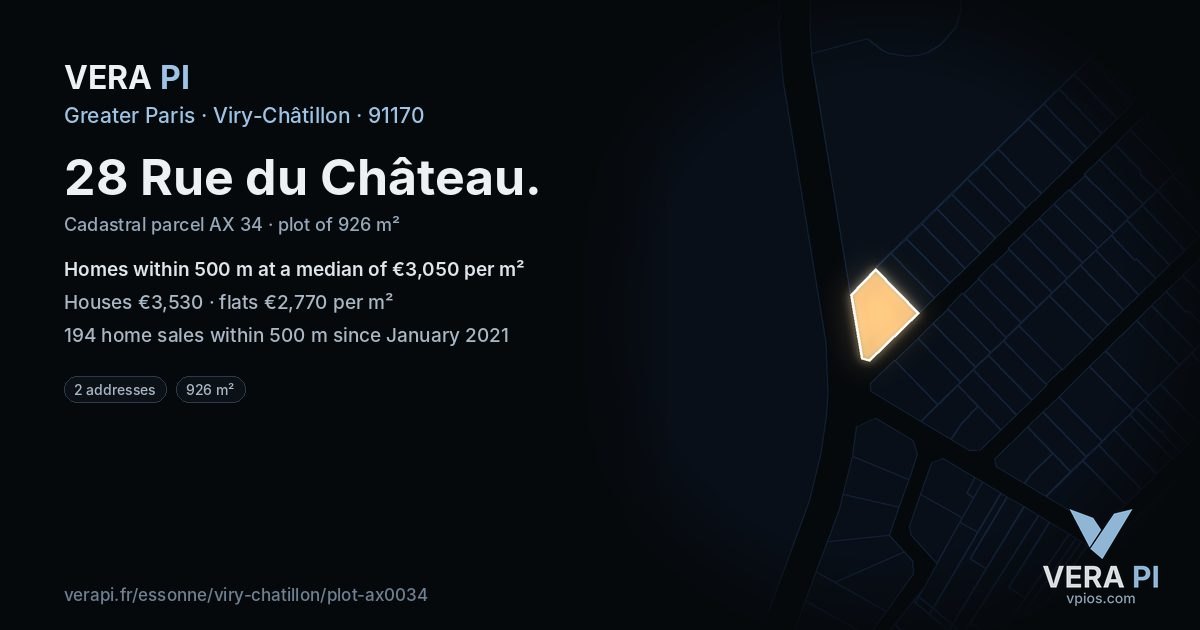 28 Rue du Château, Viry-Châtillon at night – the plot lit, the parcels around coloured by the prices near them