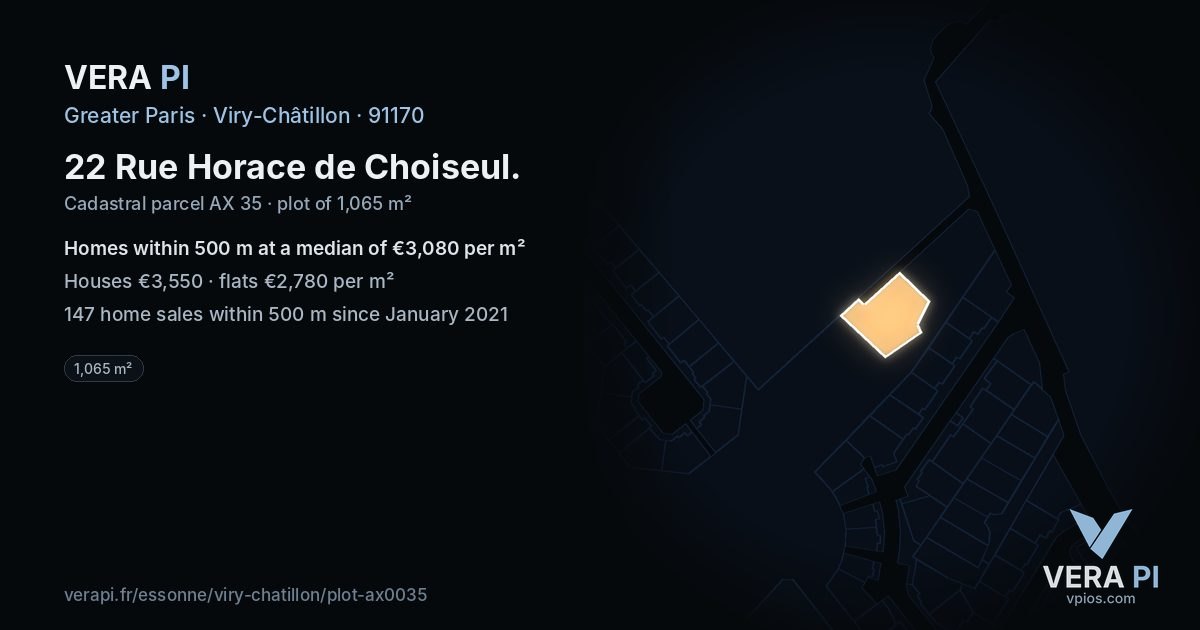 22 Rue Horace de Choiseul, Viry-Châtillon at night – the plot lit, the parcels around coloured by the prices near them