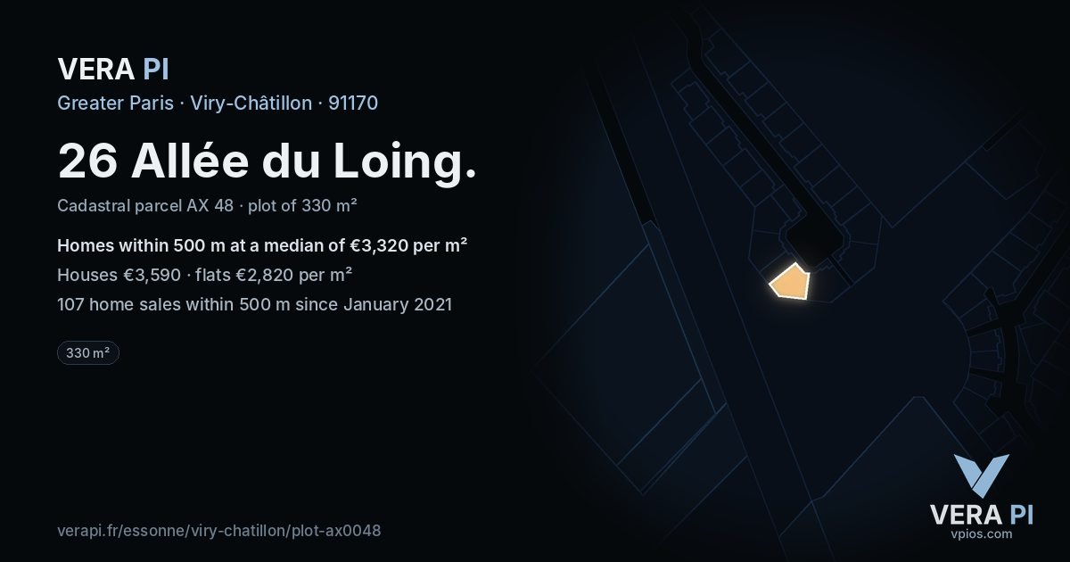 26 Allée du Loing, Viry-Châtillon at night – the plot lit, the parcels around coloured by the prices near them