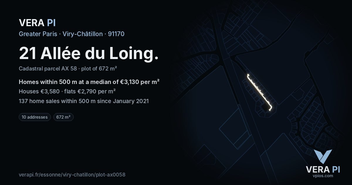 21 Allée du Loing, Viry-Châtillon at night – the plot lit, the parcels around coloured by the prices near them