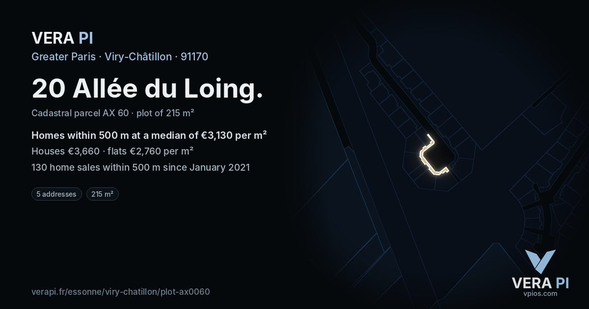 20 Allée du Loing, Viry-Châtillon at night – the plot lit, the parcels around coloured by the prices near them