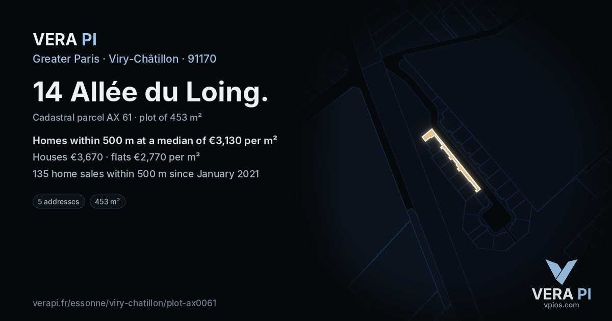 14 Allée du Loing, Viry-Châtillon at night – the plot lit, the parcels around coloured by the prices near them