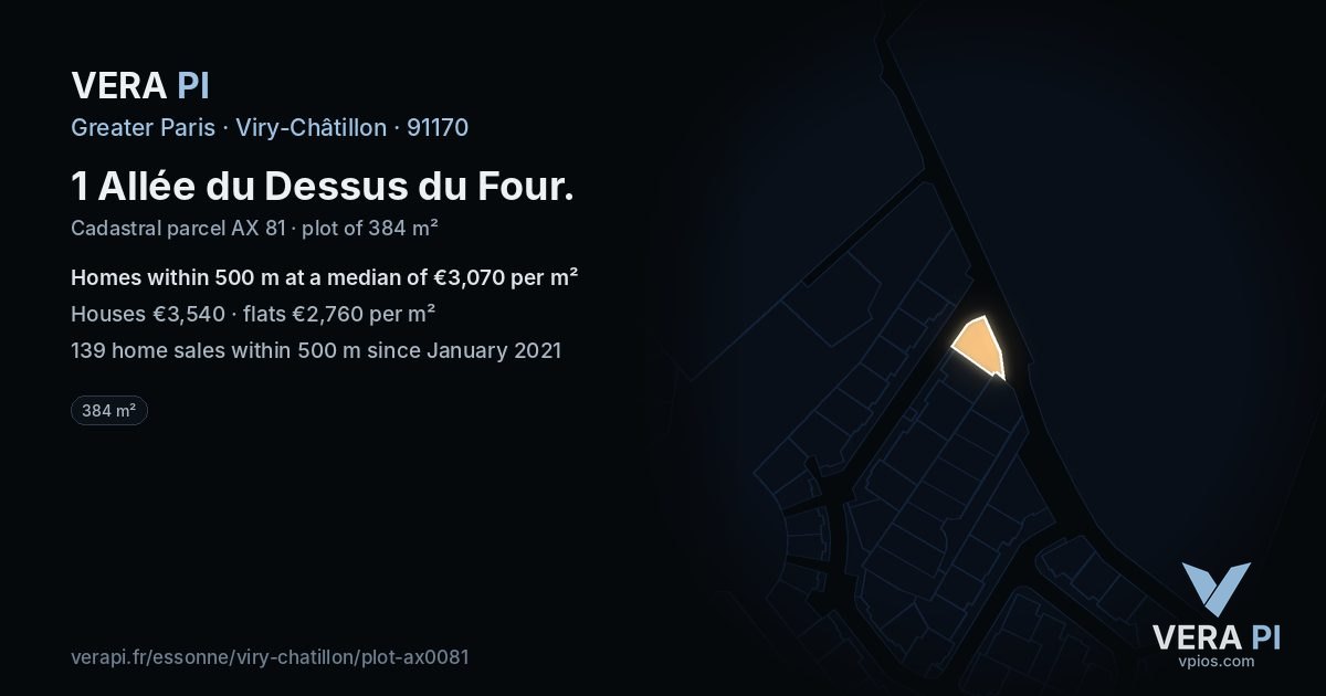 1 Allée du Dessus du Four, Viry-Châtillon at night – the plot lit, the parcels around coloured by the prices near them