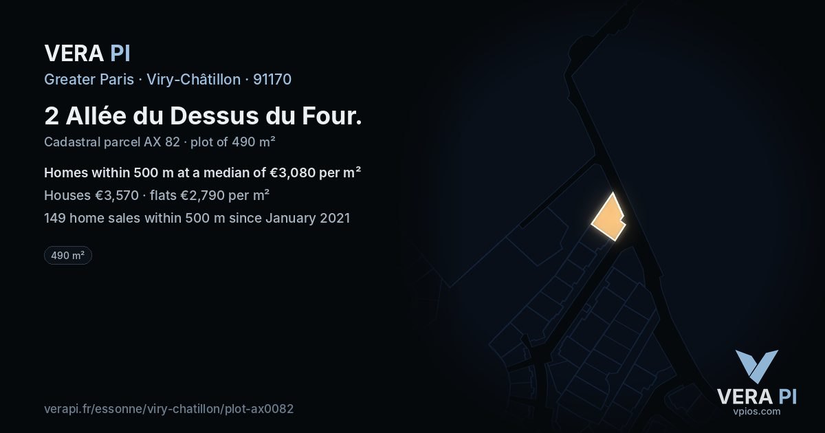 2 Allée du Dessus du Four, Viry-Châtillon at night – the plot lit, the parcels around coloured by the prices near them