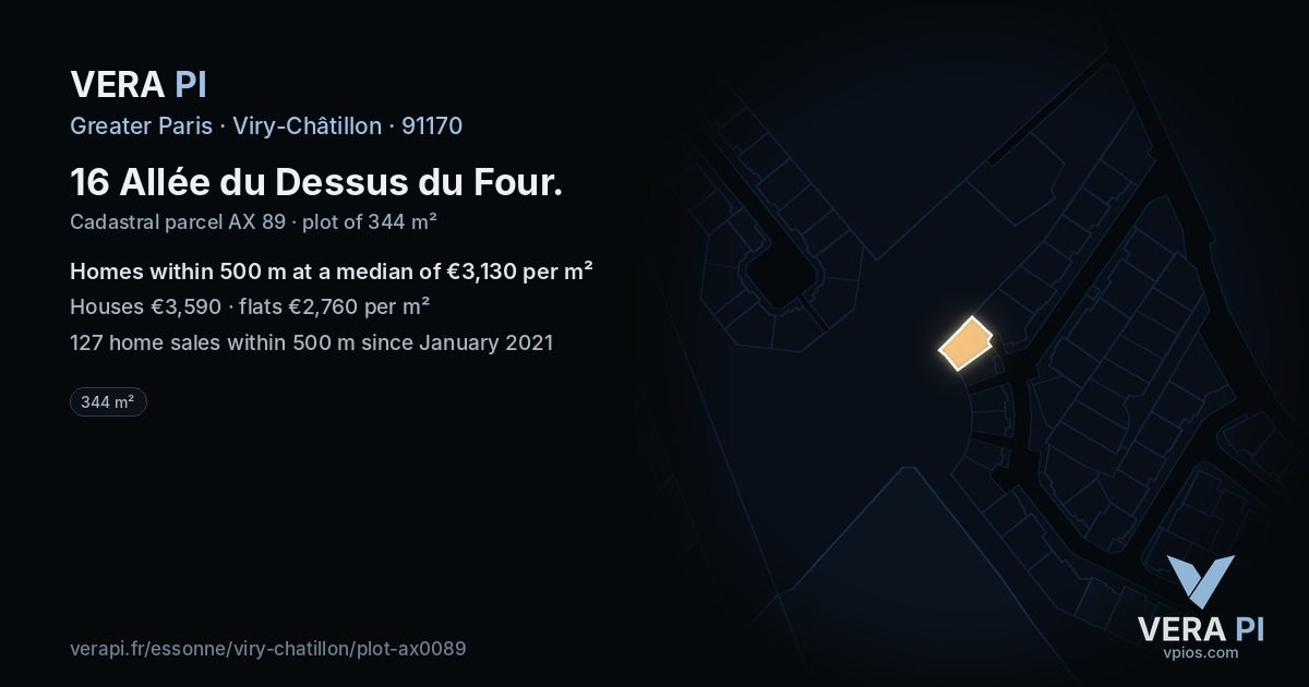 16 Allée du Dessus du Four, Viry-Châtillon at night – the plot lit, the parcels around coloured by the prices near them