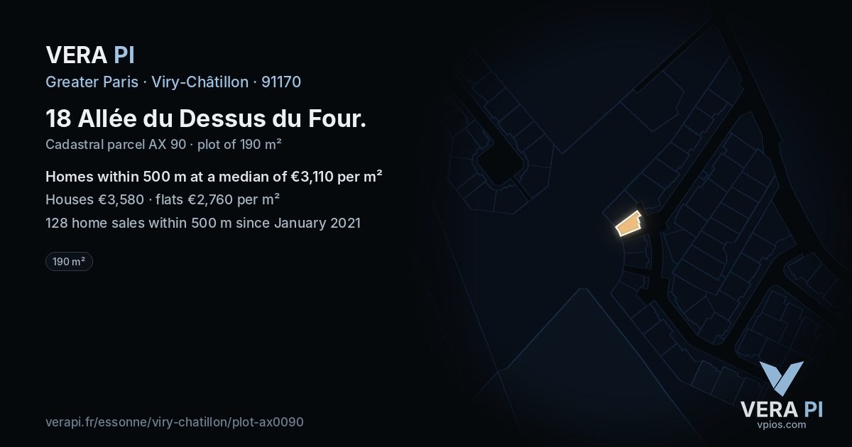18 Allée du Dessus du Four, Viry-Châtillon at night – the plot lit, the parcels around coloured by the prices near them