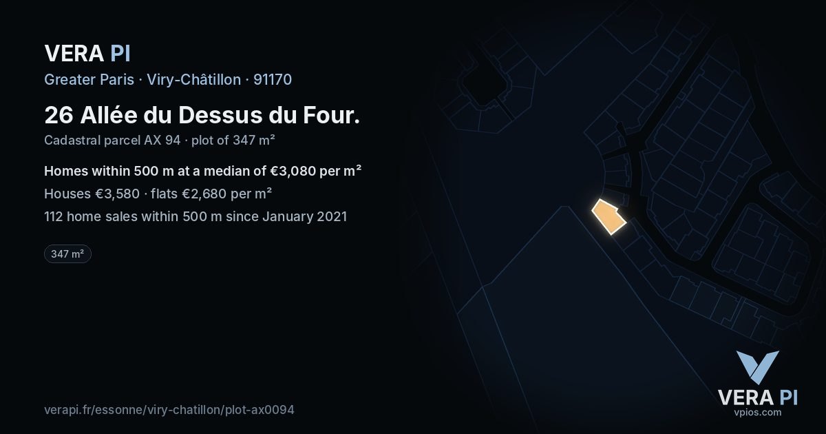 26 Allée du Dessus du Four, Viry-Châtillon at night – the plot lit, the parcels around coloured by the prices near them
