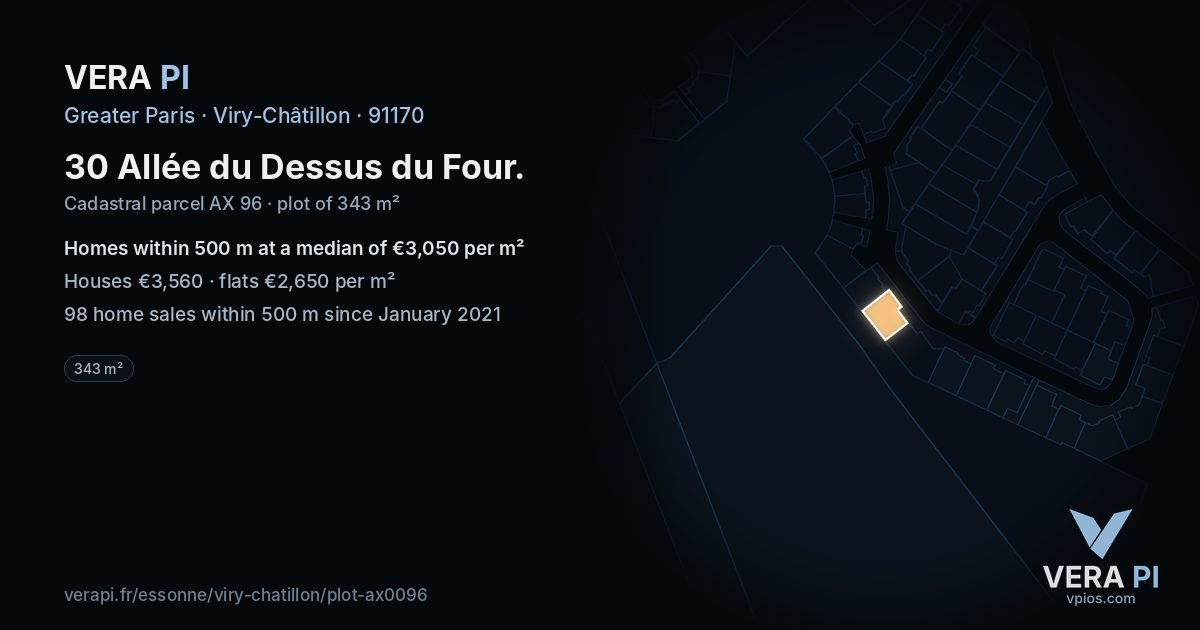30 Allée du Dessus du Four, Viry-Châtillon at night – the plot lit, the parcels around coloured by the prices near them