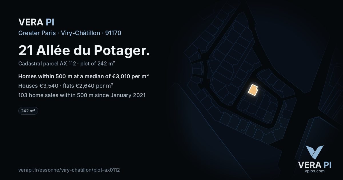 21 Allée du Potager, Viry-Châtillon at night – the plot lit, the parcels around coloured by the prices near them