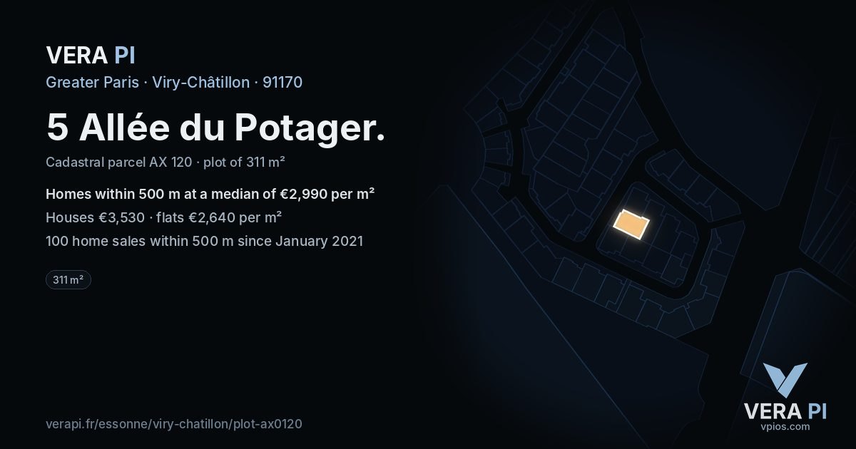 5 Allée du Potager, Viry-Châtillon at night – the plot lit, the parcels around coloured by the prices near them