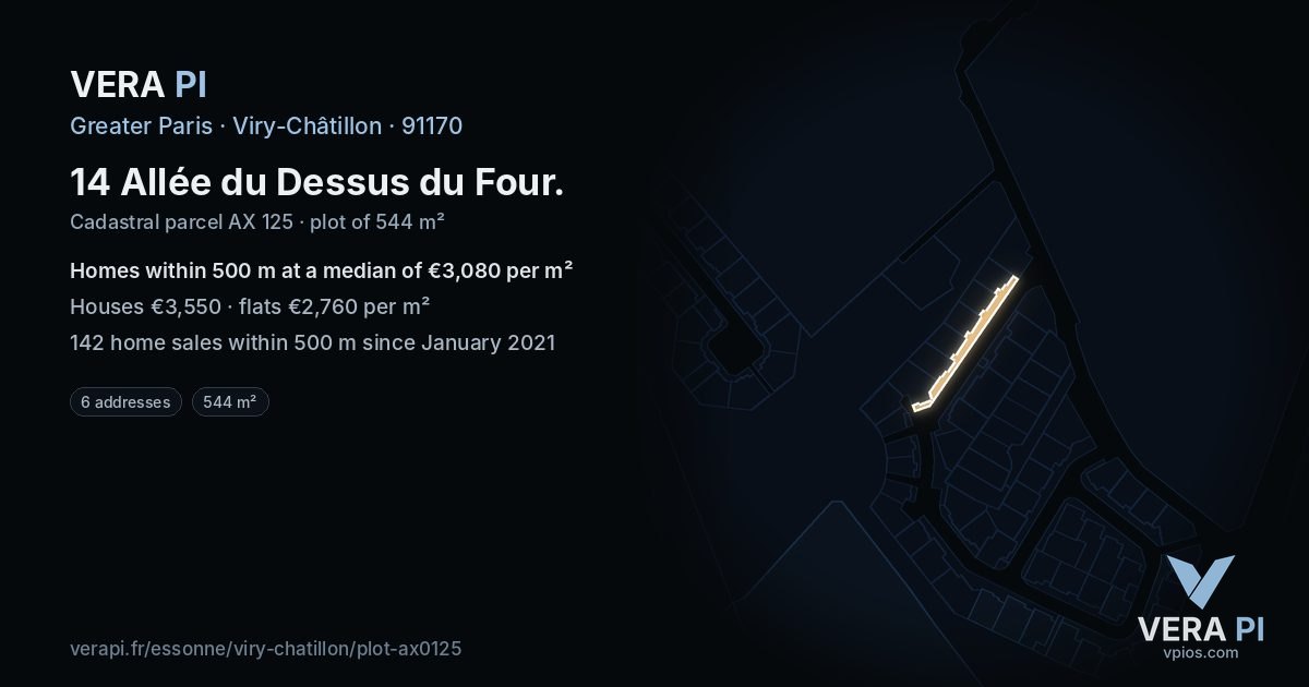 14 Allée du Dessus du Four, Viry-Châtillon at night – the plot lit, the parcels around coloured by the prices near them