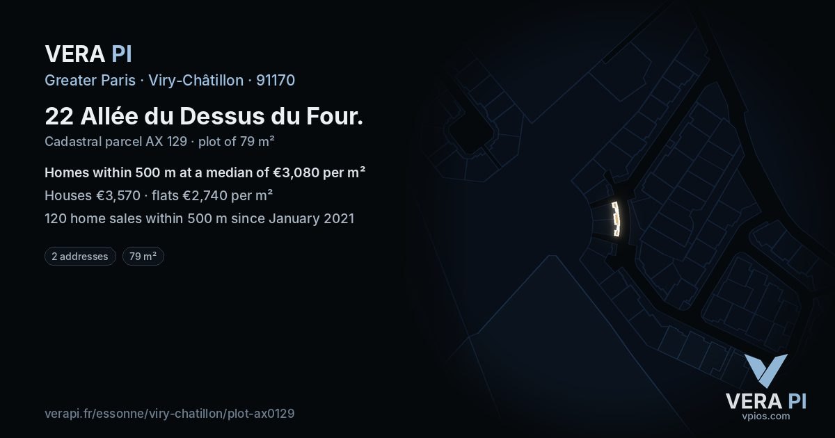 22 Allée du Dessus du Four, Viry-Châtillon at night – the plot lit, the parcels around coloured by the prices near them