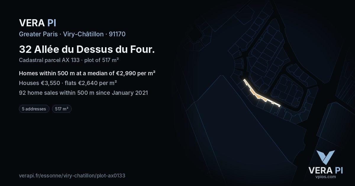 32 Allée du Dessus du Four, Viry-Châtillon at night – the plot lit, the parcels around coloured by the prices near them