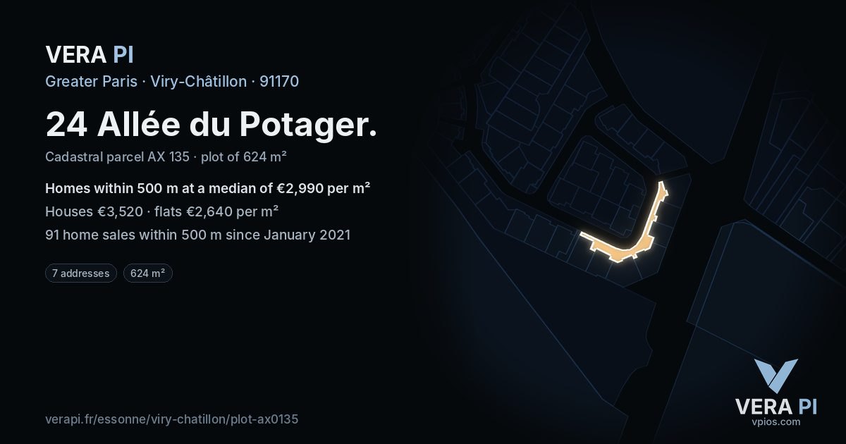 24 Allée du Potager, Viry-Châtillon at night – the plot lit, the parcels around coloured by the prices near them